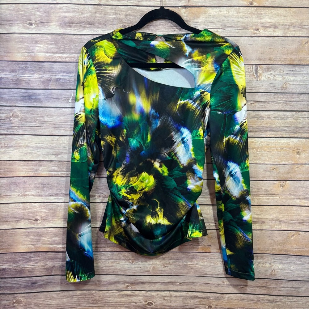 Karen Millen Multicolor Print Blouse Black Green Blue Cutout Size Medium